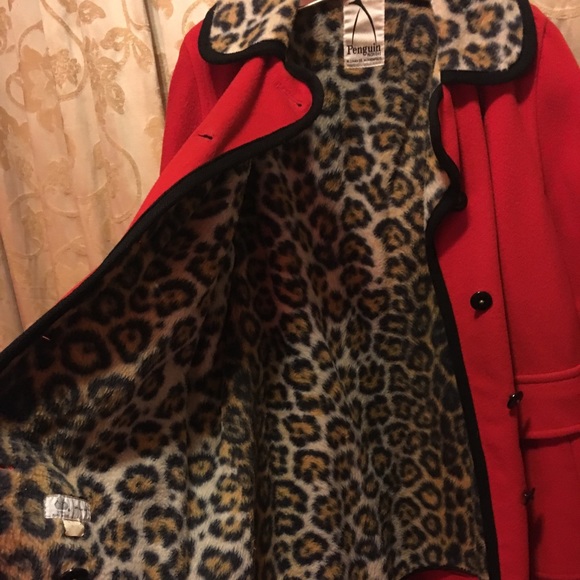 Vintage Penguin Red & Leopard winter coat XL 14/16 - Picture 6 of 8